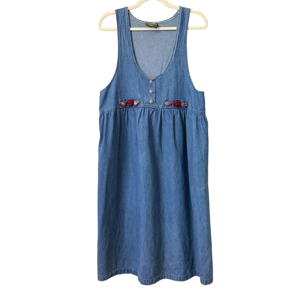 VTG 90s Blue Denim Babydoll Jumper Midi S Dress Cottage Ribbon Rose Whimsigoth